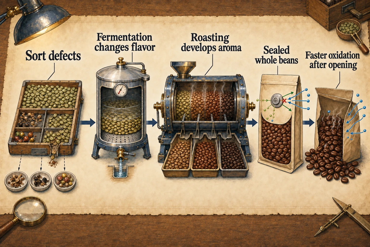 A pale-paper illustration labels defect sorting, fermentation, roasting, sealed whole beans and oxidation after opening