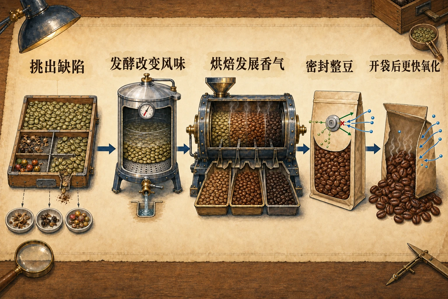 浅纸手绘图用中文标出缺陷分选、发酵、烘焙、密封整豆和开袋氧化,箭头连接加工与储存步骤