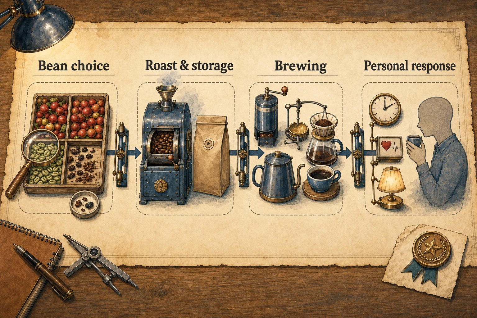 A warm-paper illustration shows green coffee, roasting and packaging, measured brewing, and a drinker recording sleep and physical response
