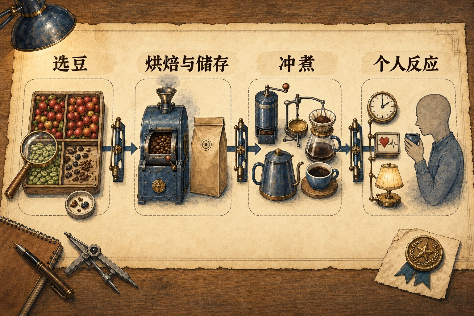 暖纸手绘工作台依次画出生豆、烘焙与包装、称量冲煮,以及饮用者对睡眠和身体反应的记录