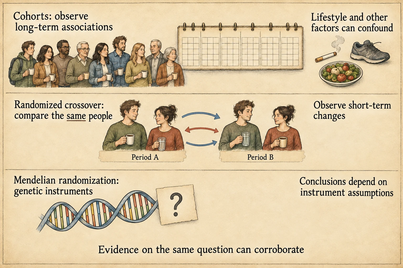 Three study-method illustrations: a cohort follows people over time, a crossover compares the same people under different conditions, and Mendelian randomization uses genetic instruments subject to assumptions