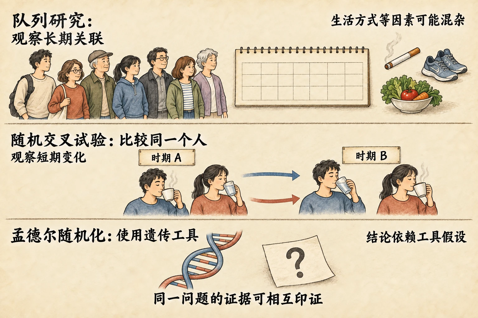 三行研究方法示意：队列长期观察人群，交叉试验让同一人经历不同条件，孟德尔随机化使用有假设条件的遗传工具