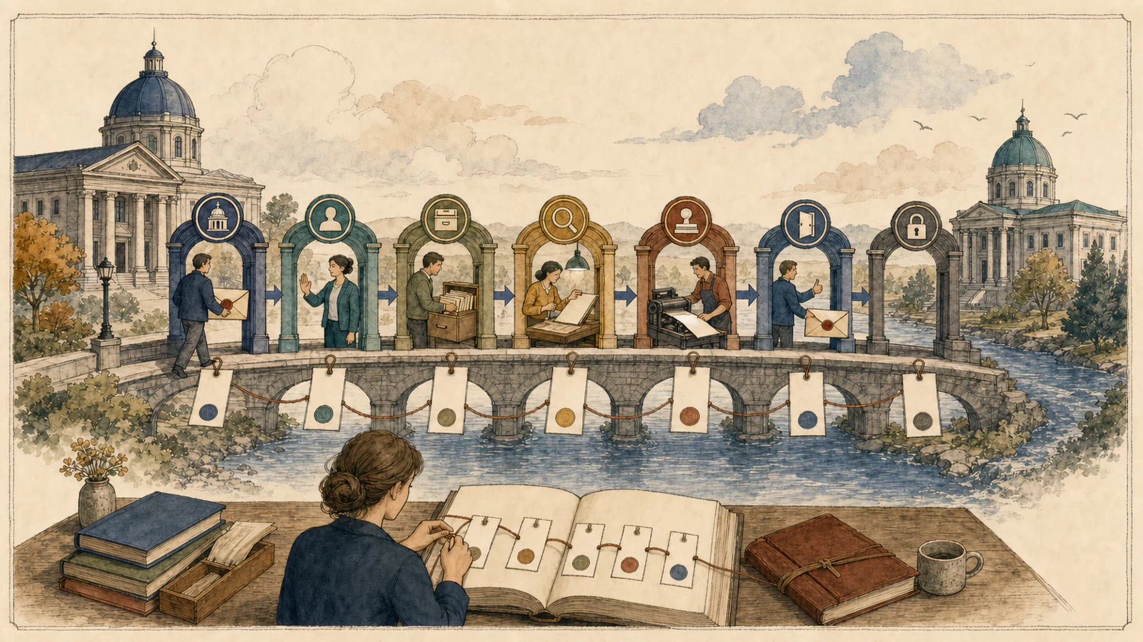 A hand-drawn civic archive shows credentials, records, files, queries, pages, and network destinations moving through a continuous chain of named checks into a signed closure ledger.