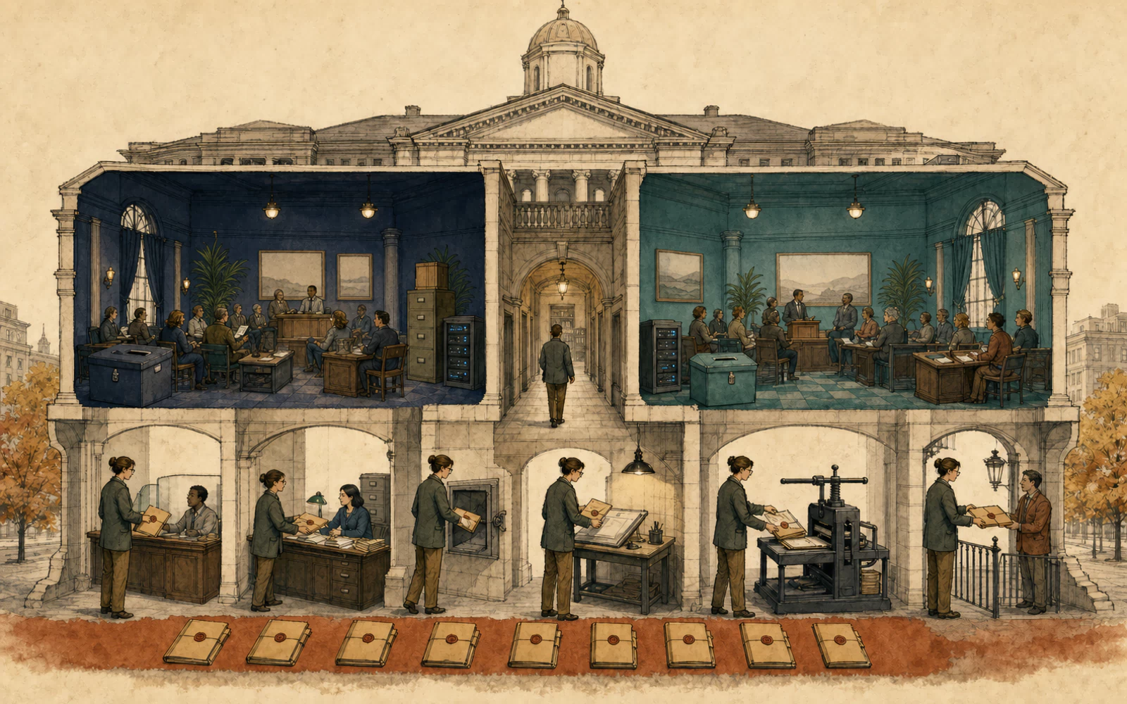 A cutaway civic hall contains separate navy and teal organizations above a sequence of record, permission, query, publishing, and delivery desks, with nine sealed case files arranged below.