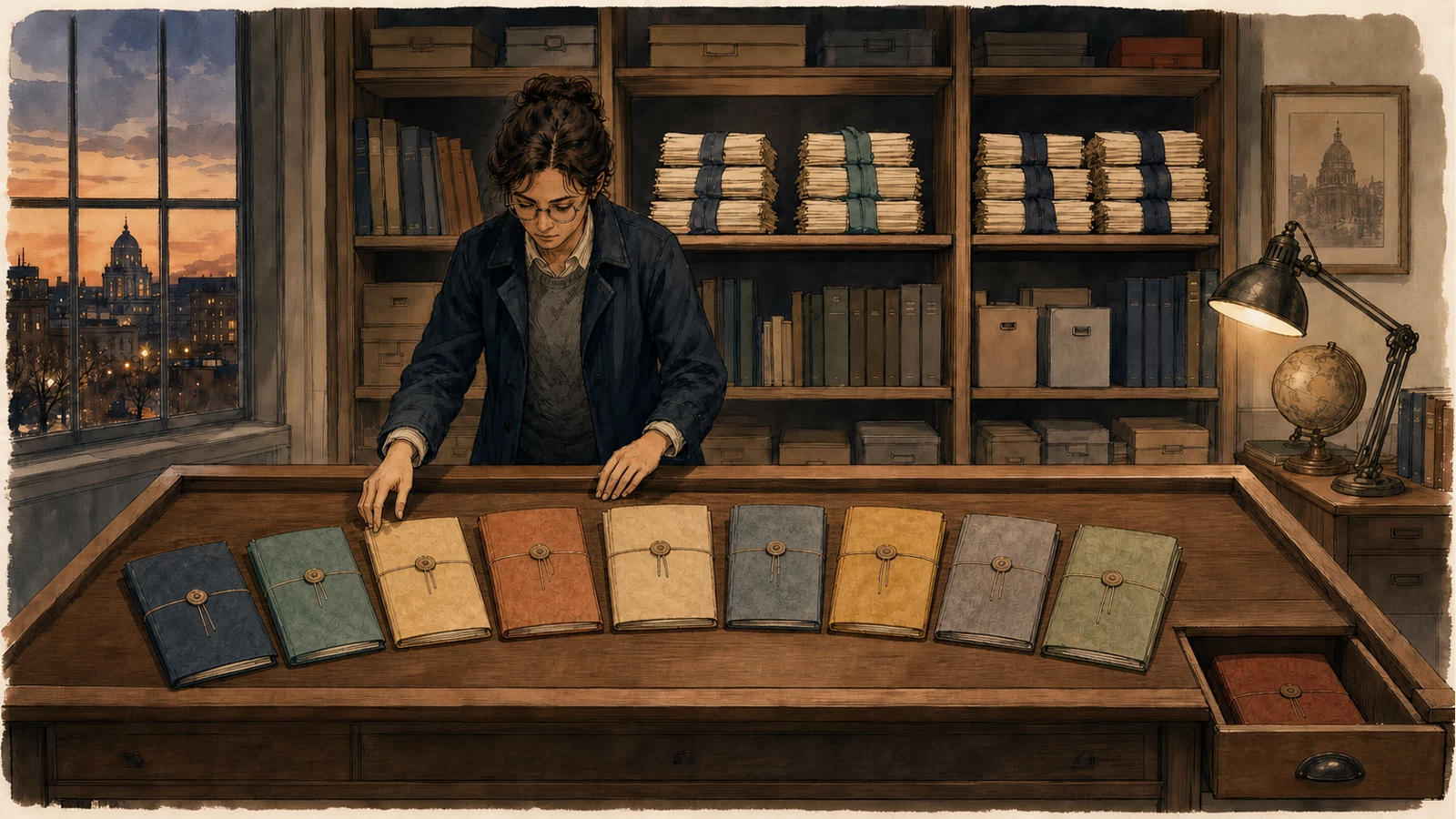An archivist arranges nine sealed case folders on a wooden desk while a separate later folder remains in a side drawer.