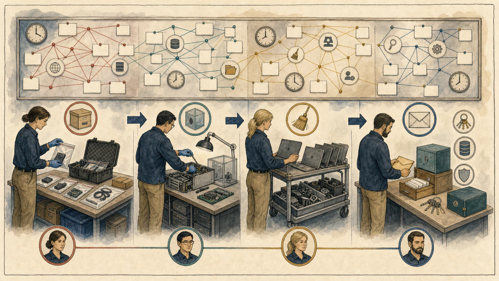 A hand-drawn civic operations room shows four connected gates for reviewed code, converged processes, durable-state review, and evidence-based reporting.