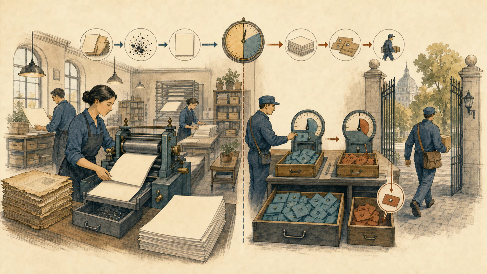 A hand-drawn archive sends stored HTML through a page sanitizer and a stored push endpoint through a destination inspector before either reaches visitors or the network.