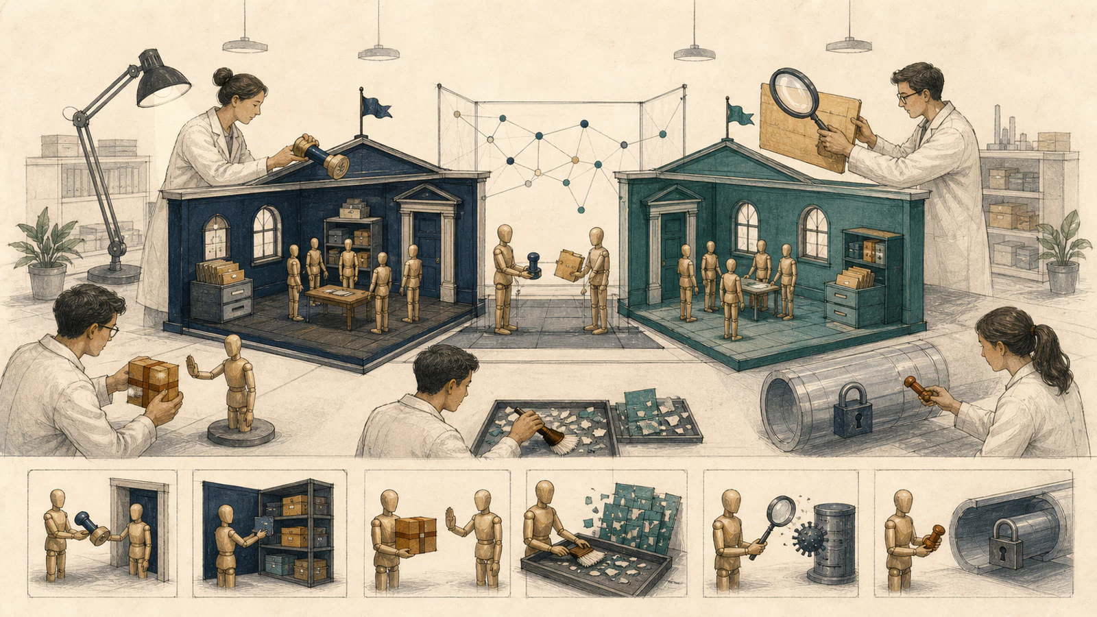A hand-drawn laboratory contains matching navy and teal civic-hall test benches, with credentials, records, files, pages, and push jobs crossing only through instrumented checkpoints.