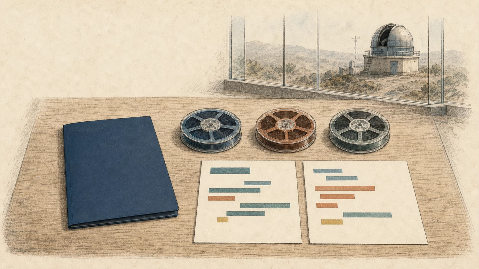 A warm hand-drawn evidence desk holds one advisory dossier, three release spools and paired source pages, while an untouched remote observatory remains behind glass.