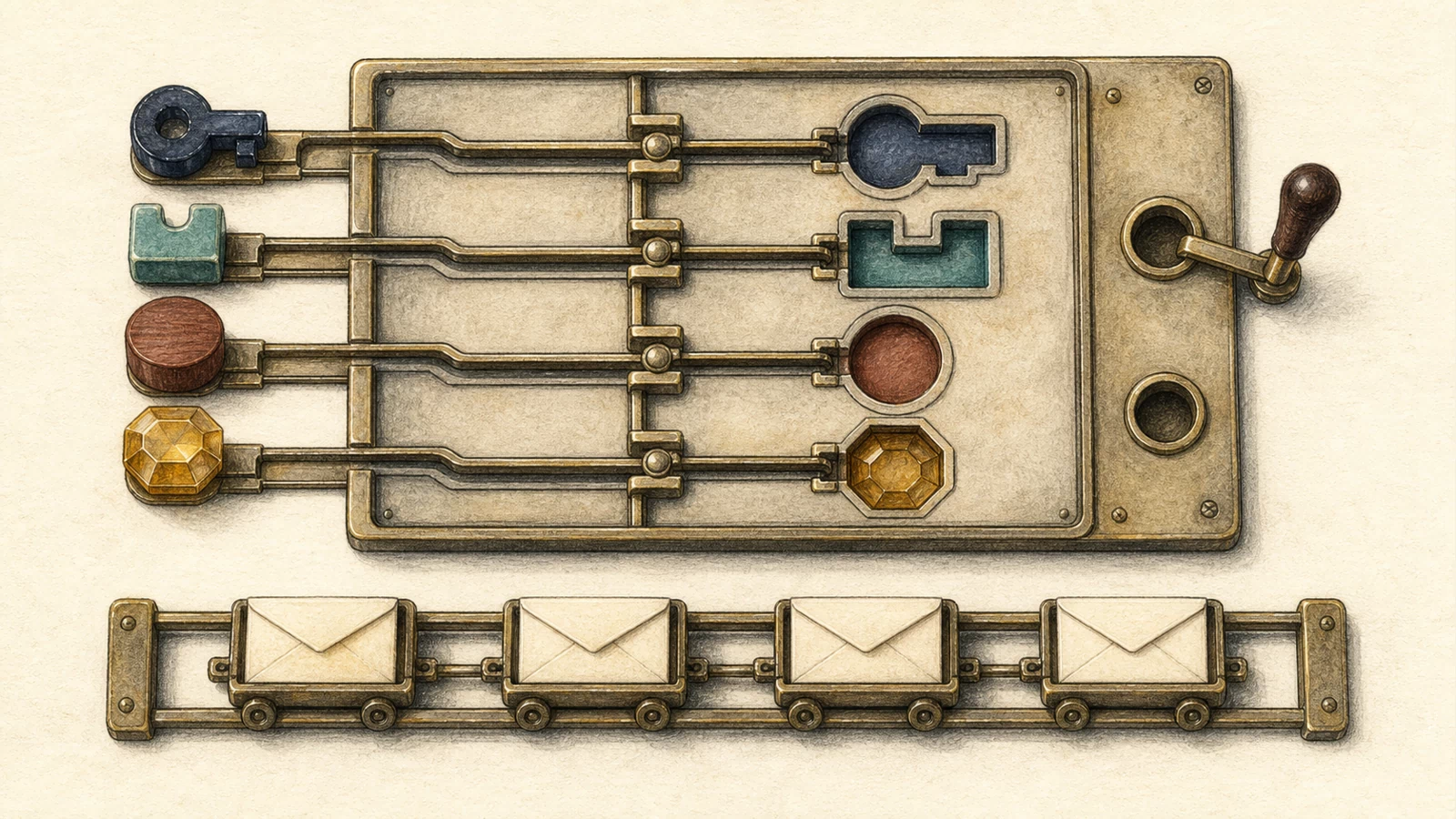 A warm paper switchboard routes operation type, request status and two date-bound tokens into fitted model slots, while sealed value envelopes and a two-position ordering lever stay on separate tracks.