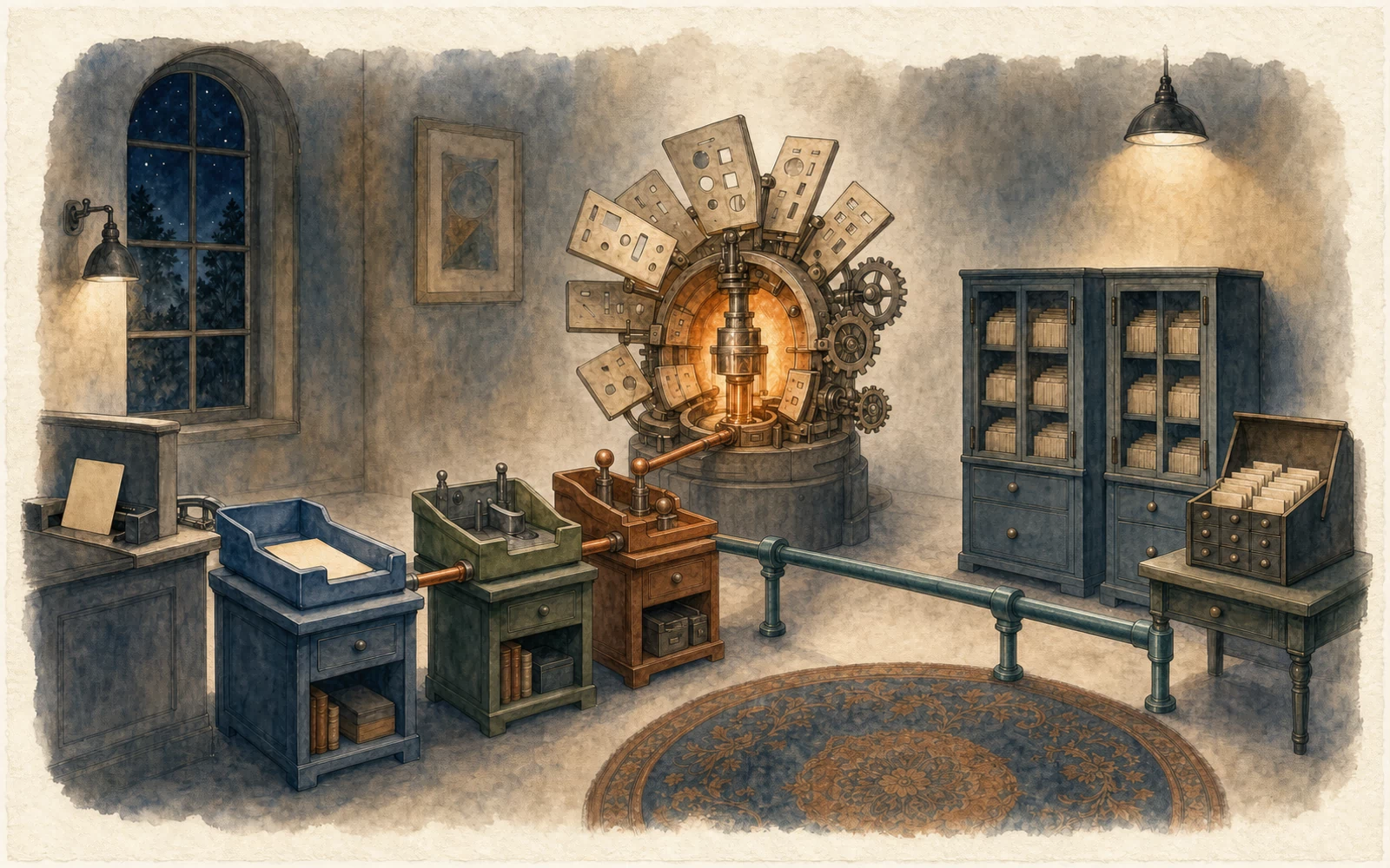 A warm hand-drawn scientific-computing operations room follows one report card through service desks toward an interpreter mechanism, while a repaired path ends at two orderly model cabinets.
