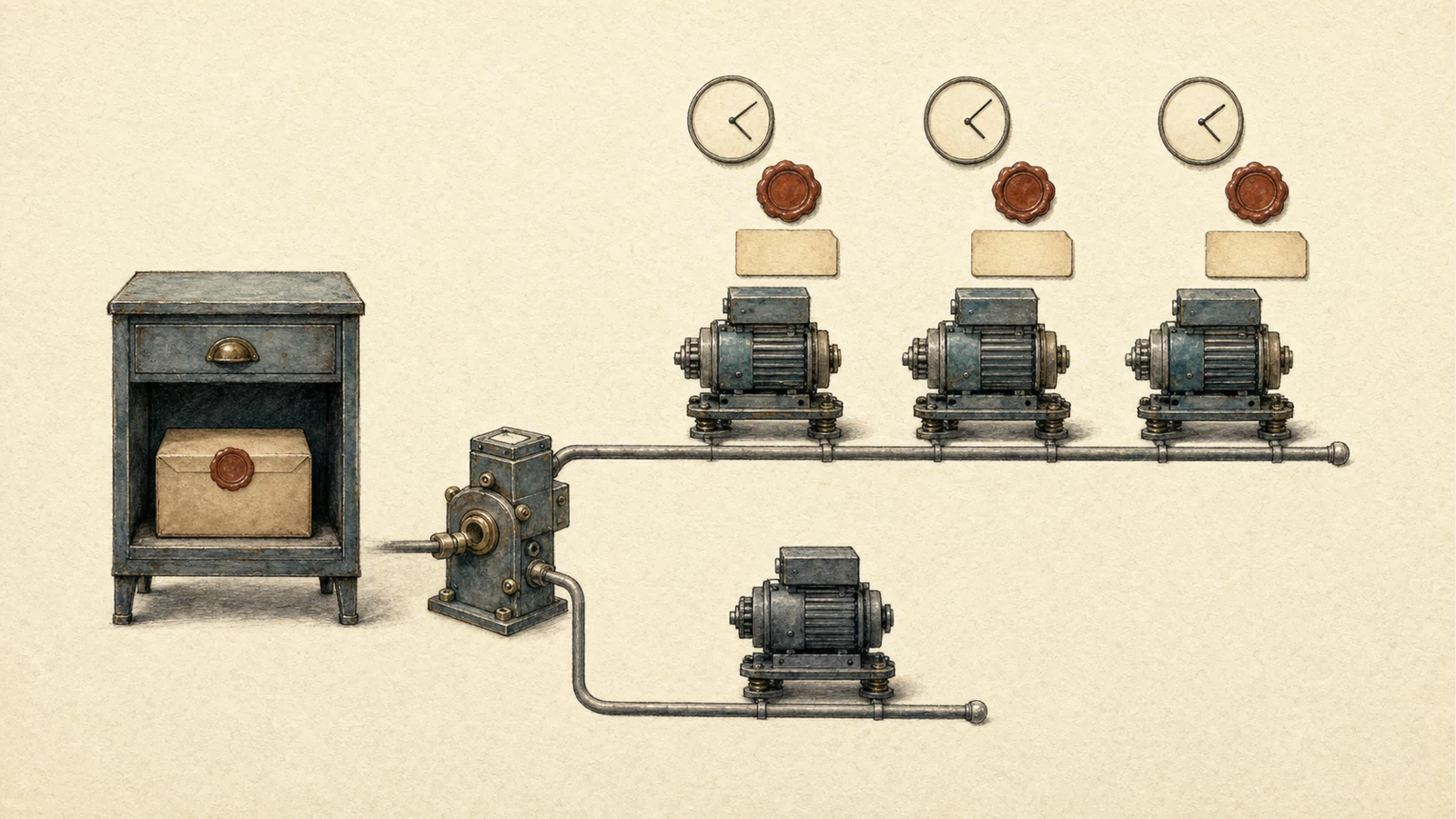 A hand-drawn rollout cabinet feeds a branching load balancer: three accepted service workers on the upper branch carry start-time clocks, artifact seals and evidence tags, while an untagged legacy worker remains on the lower branch awaiting replacement.