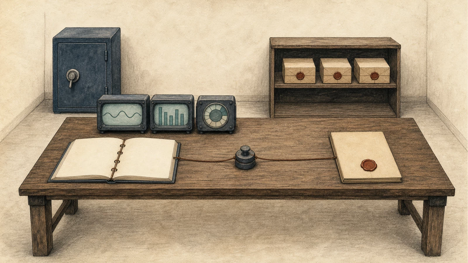 A warm hand-drawn incident room joins a request ledger, process telemetry, a credential safe, an immutable artifact shelf and a signed closure folder on one long evidence table.