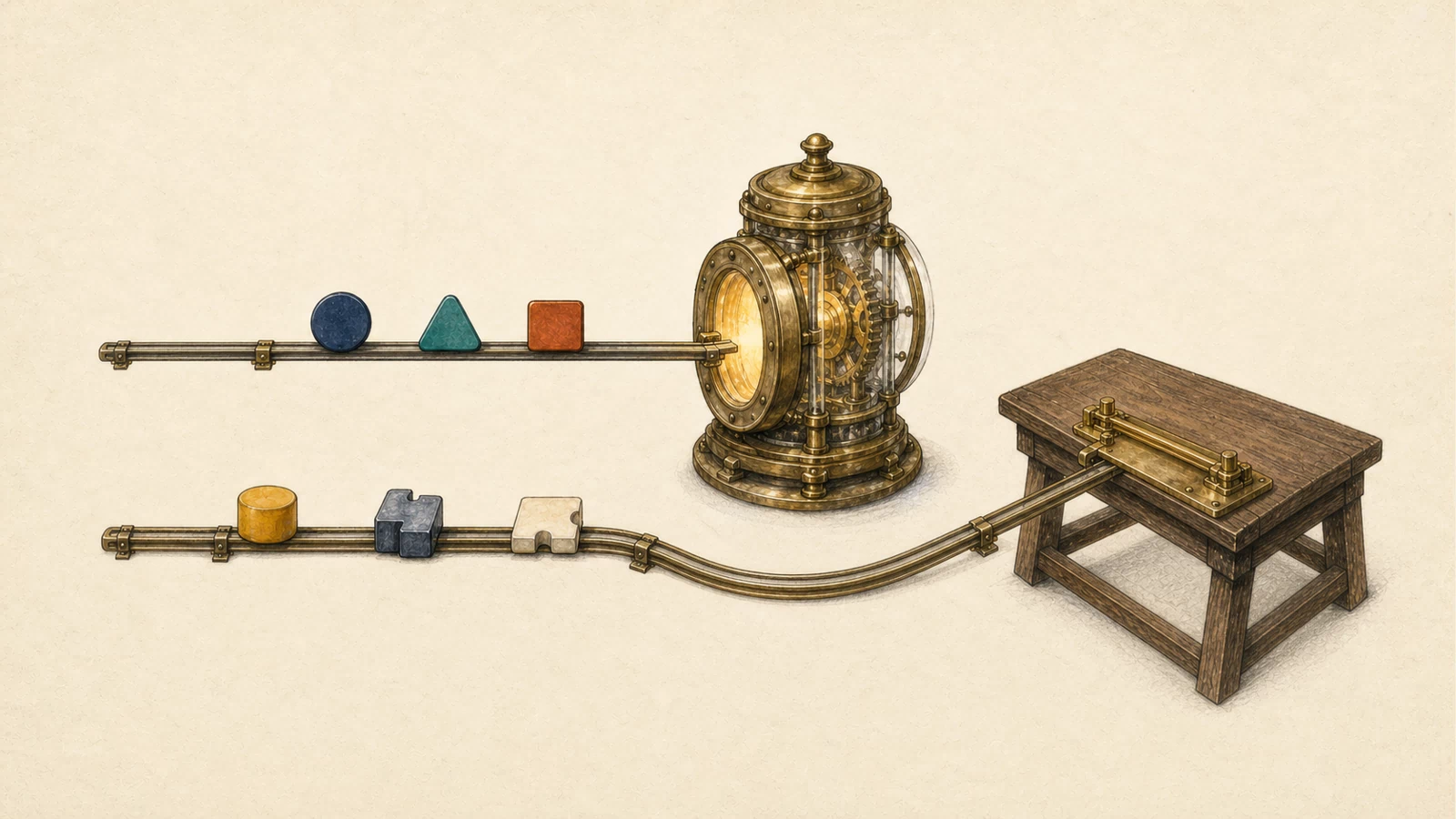 Three hand-drawn report cards enter a bright Python interpreter mechanism before a distant SQL drafting table, while a repaired lane carries fitted column pieces directly to the query desk.