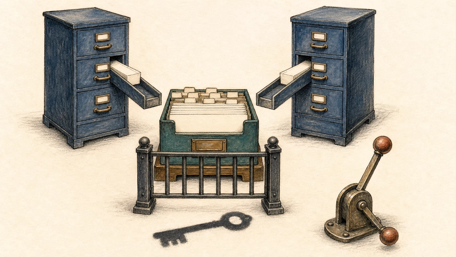 Two hand-drawn model cabinets feed a mapped-column card index; a shadow-shaped inherited key stops at the gate, and a separate lever offers only upward or downward ordering.