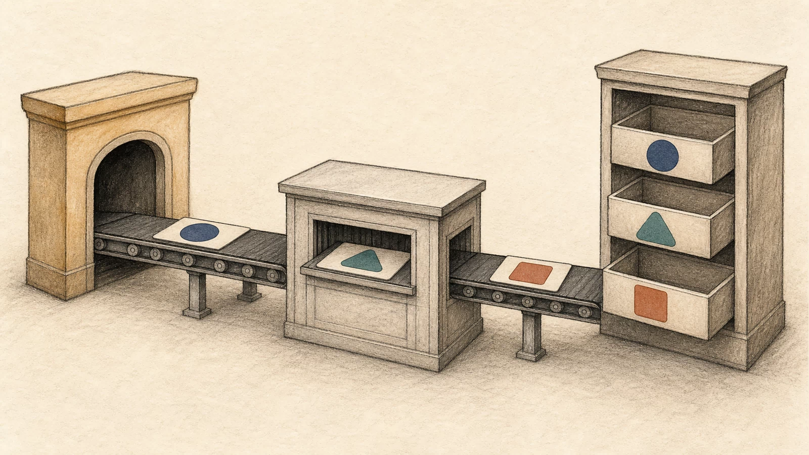 A hand-drawn portal counter passes grouping, filter and sort cards through a central service desk to Request and Operation query trays; a separate File tray sits in the RMS cabinet as hierarchy and test-fixture context.