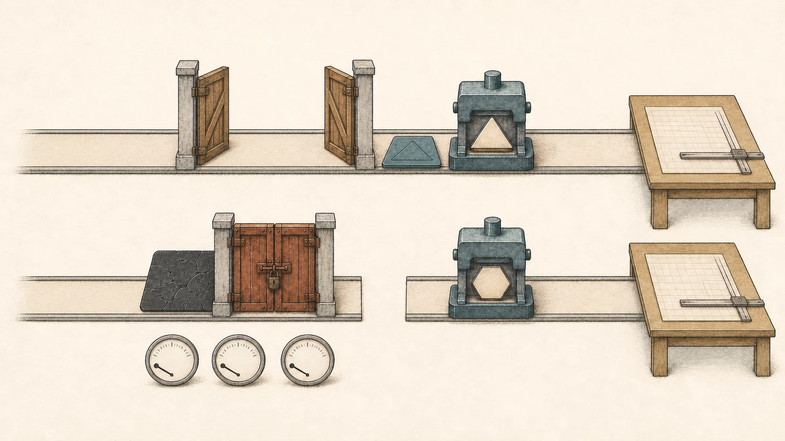 On two parallel hand-drawn lanes, the upper triangular card has passed two open wooden gates into a press and toward a query table; the lower irregular dark card meets a locked red gate, the downstream track is broken, and three gauges rest at home.