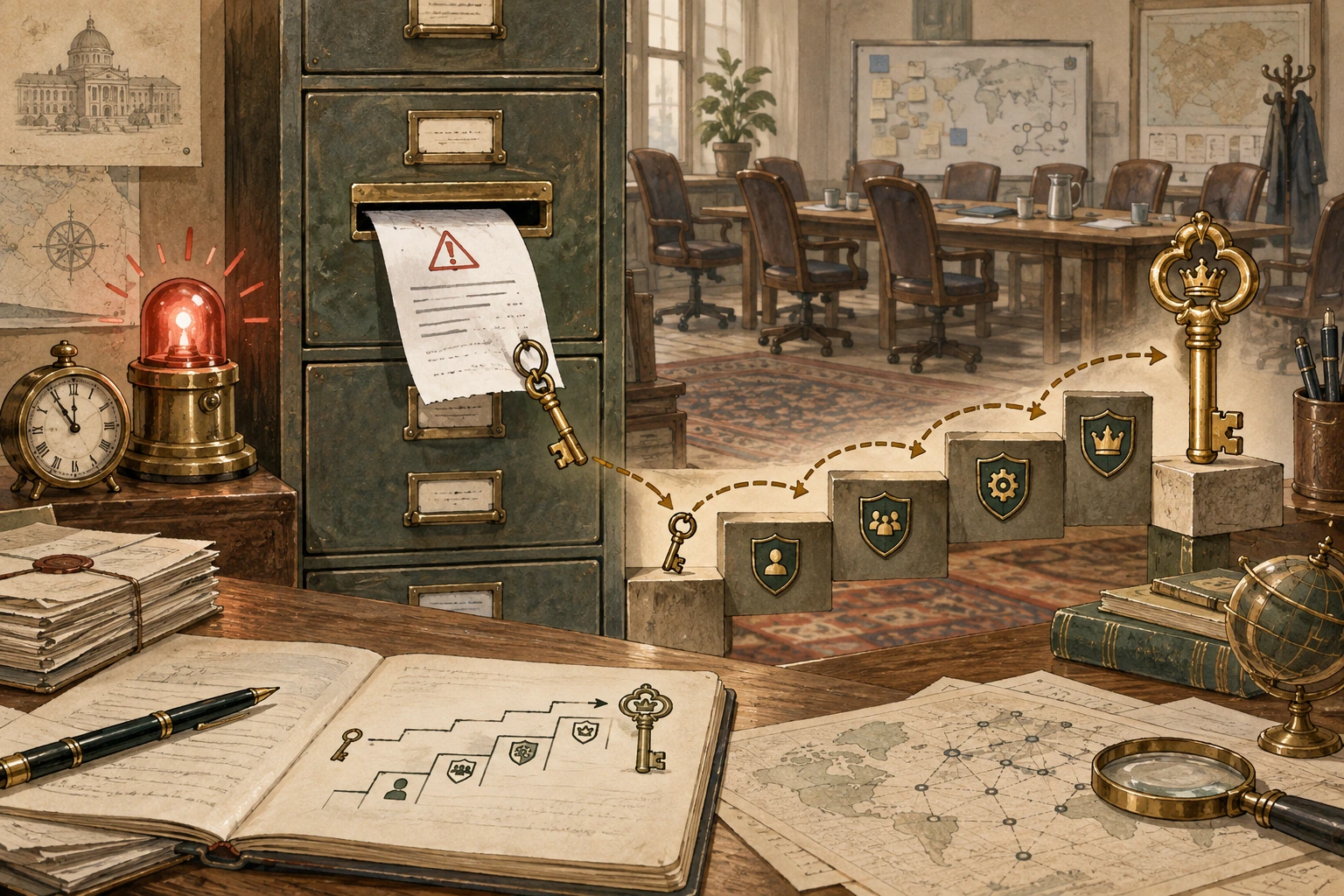 Warm-paper conceptual illustration of a lit alarm and a key escaping with an error receipt, climbing a privilege staircase toward a master key. Seats around the meeting table in the background remain empty.