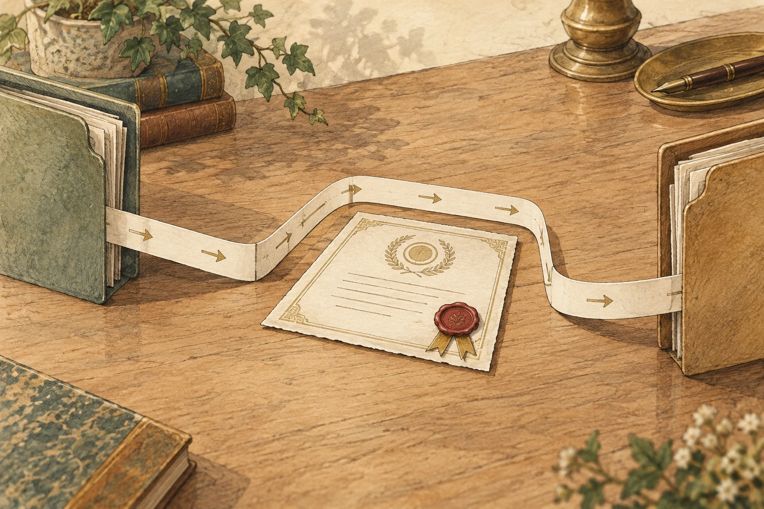 A hand-drawn warm-paper desk where a paper route connects two folders while passing around an unexamined certificate card.
