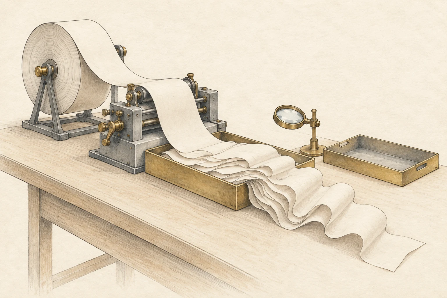 A hand-drawn paper roll overflows a fixed tray on a pale-paper desk, with an inspection lens placed after the tray, illustrating copying before checking.