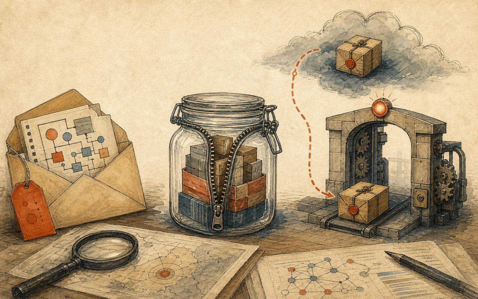 A warm hand-drawn investigation scene connects a JSON label, nested jar container, loopback resource parcel, and class-loading gate to show the conditional path formed by Fastjson @JSONType probing and Spring Boot fat-jar loading on Temurin 8u492.