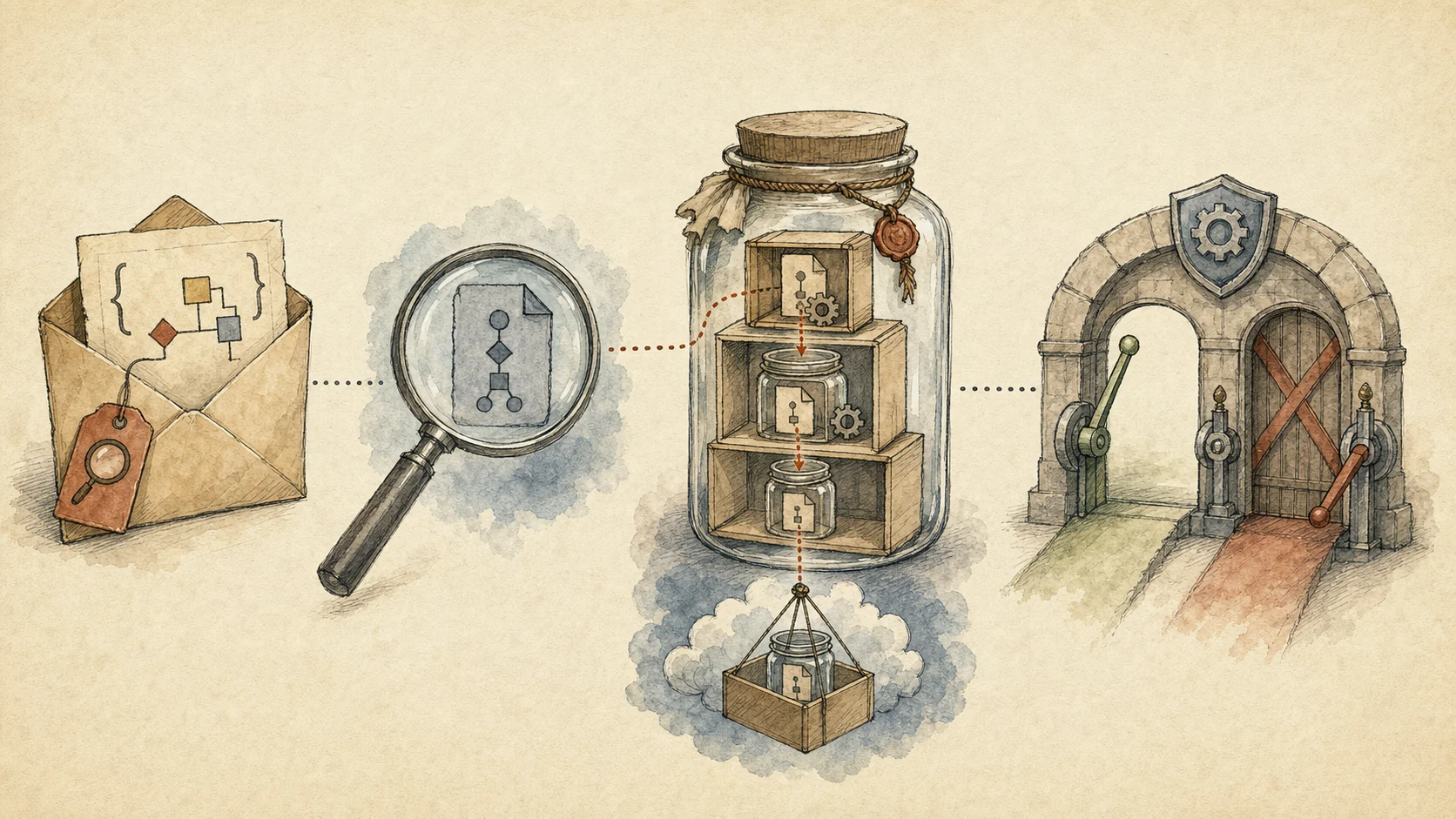 A sealed JSON envelope is examined as a class resource, passed through nested archive jars, and delivered toward a policy gate with one barred branch, illustrating that parser trust and loader interpretation form one chain.