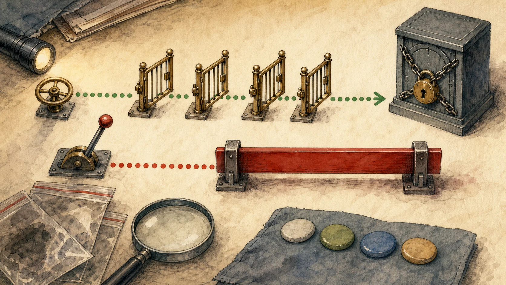 A warm hand-drawn decision diagram shows the built-in SafeMode path passing through successive gates to a locked state, while an earlier application handler decision follows a red branch that requires separate audit and restriction.