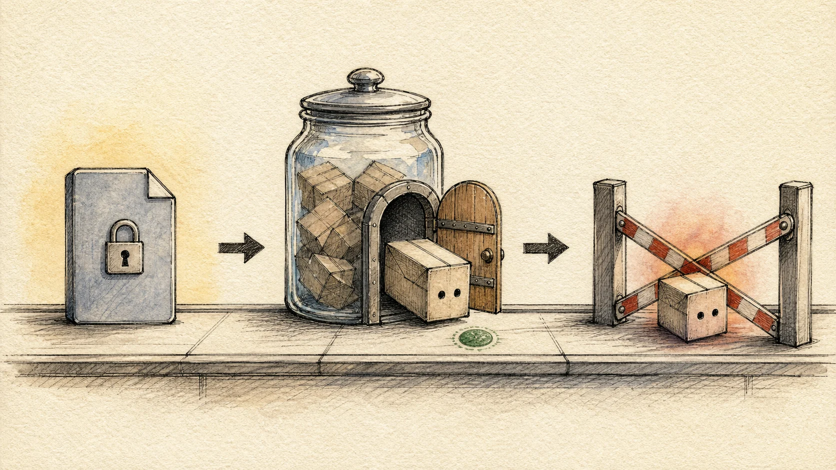 A locked typed document leads to a jar of objects; one object exits through an open door and leaves a green marker before a red crossed barrier rejects it, showing an effect before the final cast failure.