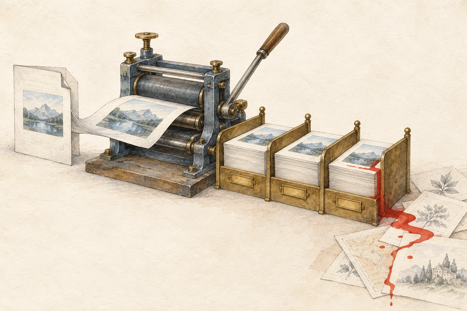 A hand-drawn document passes through an image press and becomes preview sheets. Red ink spills beyond the last paper compartment onto adjacent pages on pale parchment.