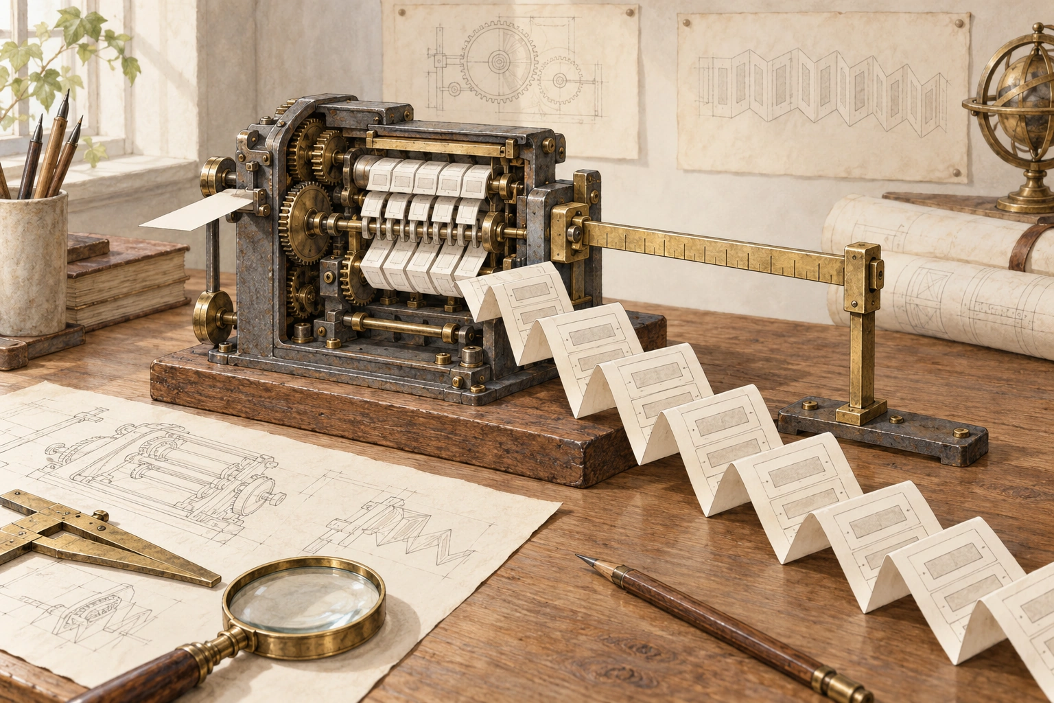 Warm-paper drawing of a short paper strip entering a compiler mechanism and expanding into a long instruction roll that outgrows its length gauge.
