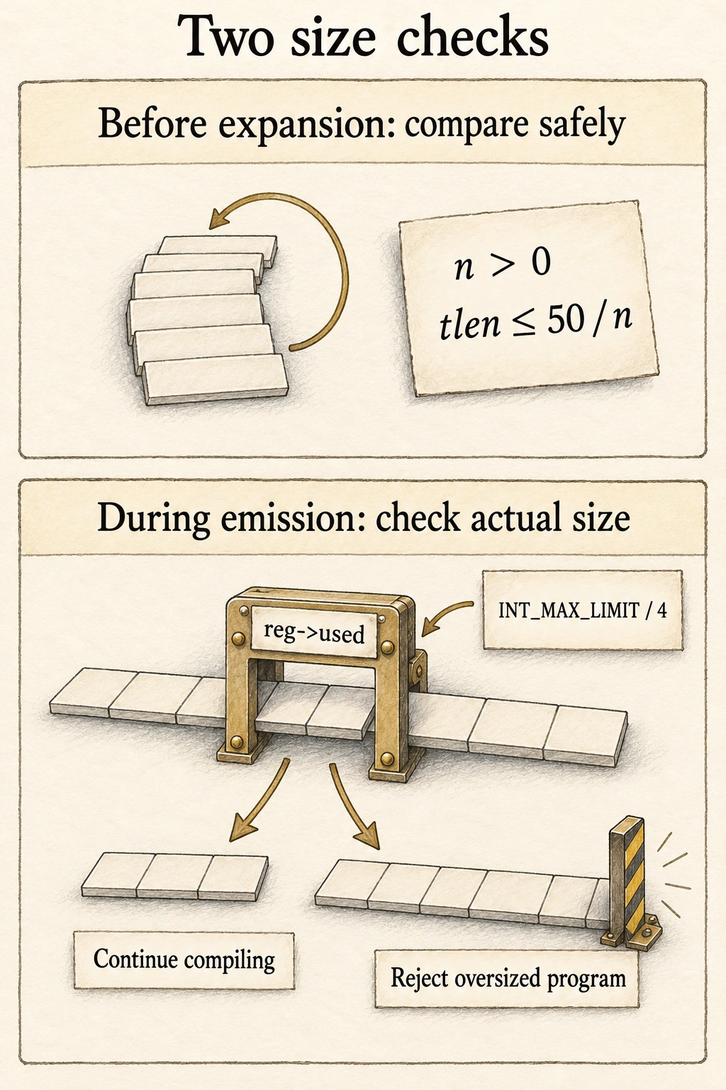 Two independent repairs: safely compare by division before expanding a repeat, then check the actual emitted size and return a compilation error if it exceeds the limit.
