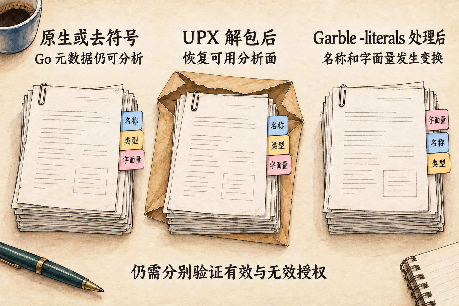 三个并列纸档案比较原生或去符号、UPX 解包后、Garble 处理后的分析信息，并提醒分别验证有效与无效授权