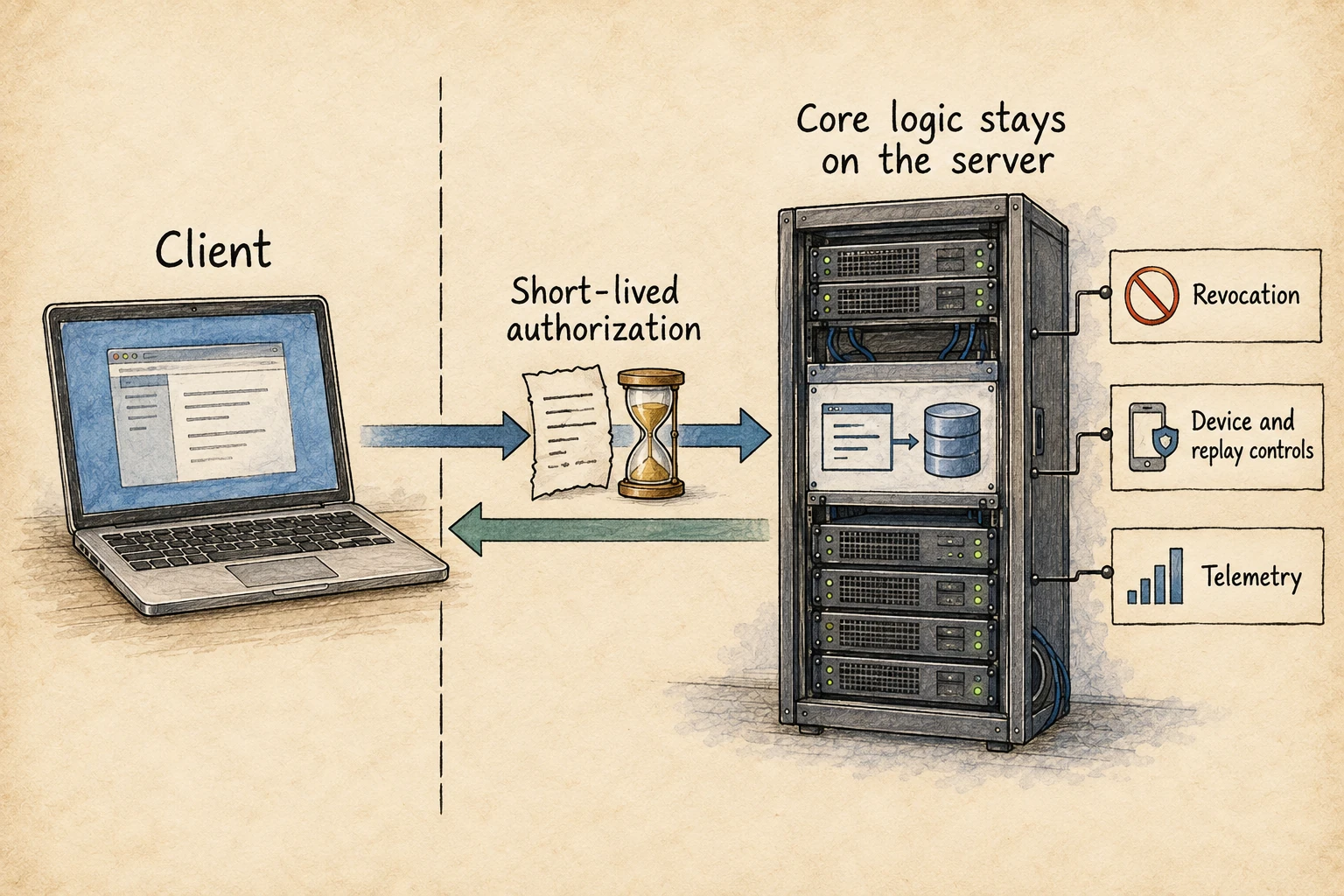 A client presents short-lived authorization to request results; core logic stays on the server with revocation, device and replay controls, and telemetry