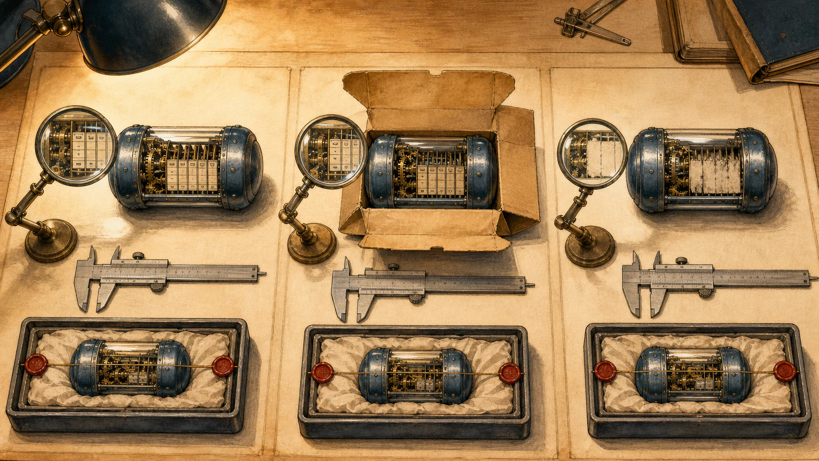 A warm-paper workbench compares three blue cylindrical mechanisms. The left mechanism exposes labeled internal cards under a magnifier, the center sits inside an open cardboard wrapper while its cards remain visible, and the right exposes blanked cards. Sealed control samples sit below all three.