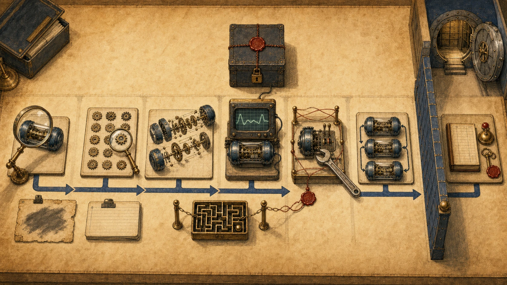 An overhead warm-paper workbench shows a left-to-right route through seven stations: a magnified blue capsule, a gear catalog, exploded gears, an oscilloscope, a wired decision lever with a wrench, three varied capsules, and a ledger with an alarm and key beyond a blue wall. Blank cards, a chained maze, a sealed box, and a remote vault sit around the route.