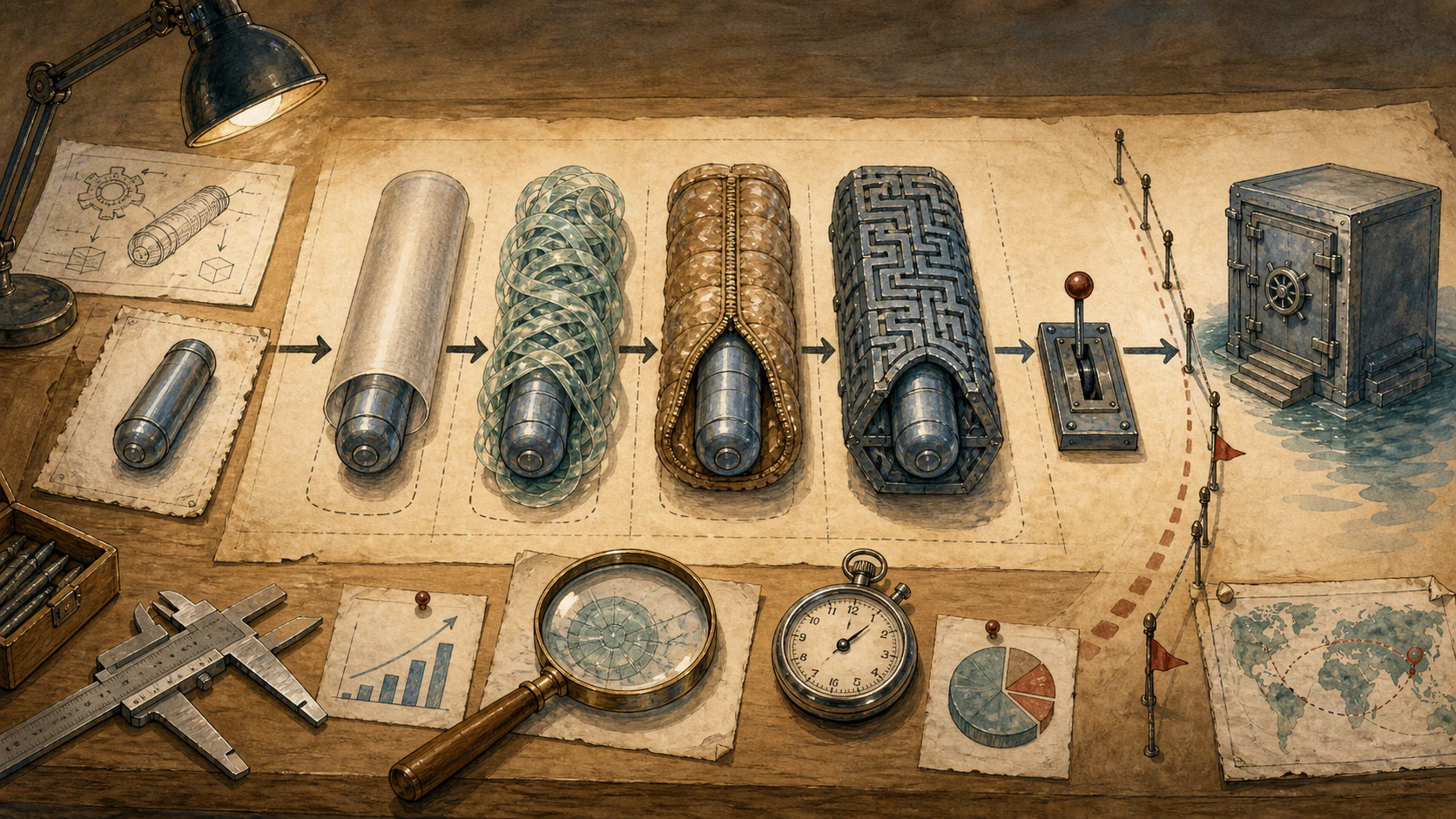 A warm-paper investigative workbench where a blue program capsule passes through four mechanical protection layers and measuring instruments, reaches a local decision lever, and ends at a blue vault behind a wall.