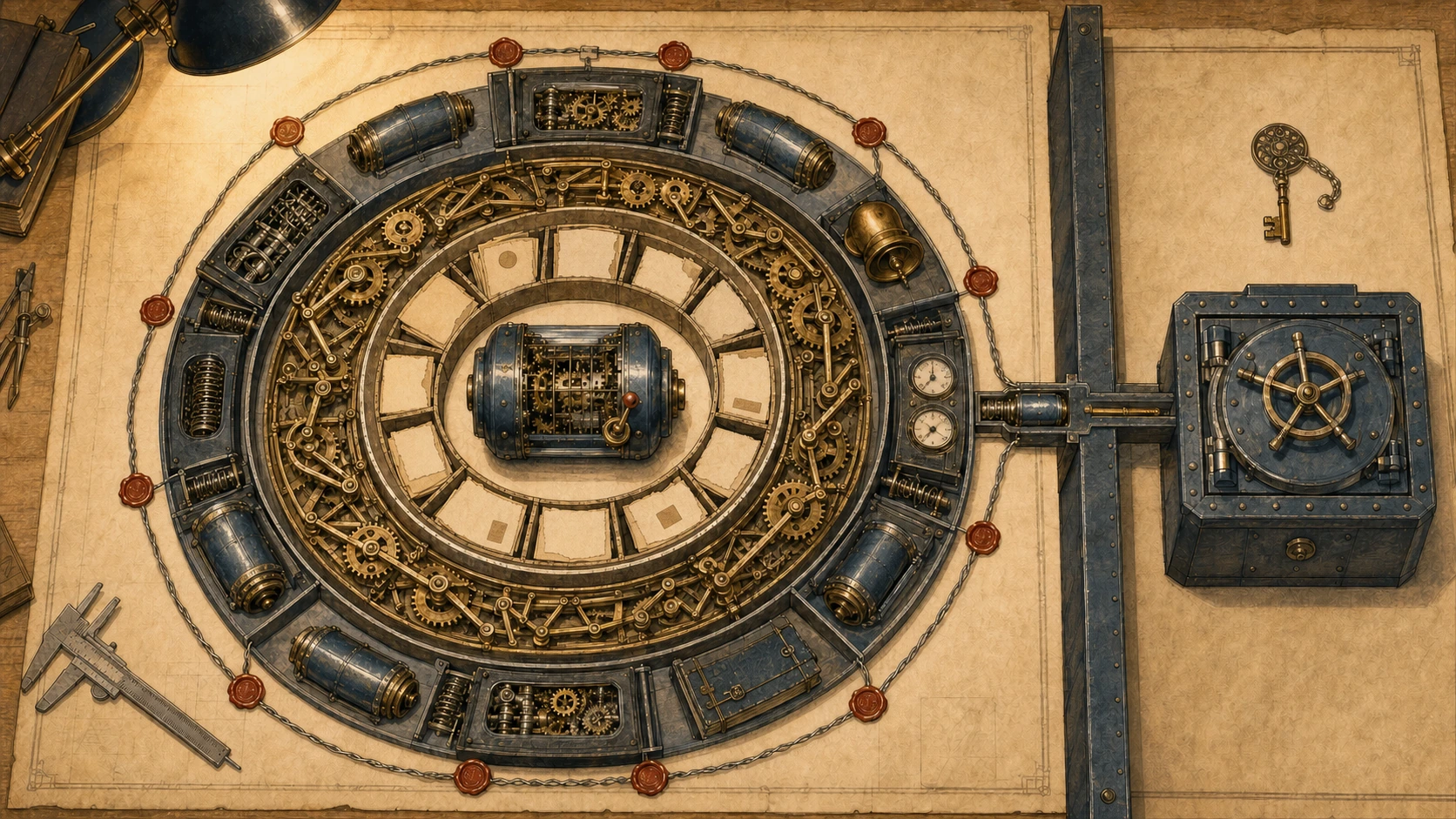 A warm-paper cutaway shows a blue cylindrical program with a red lever at the center, surrounded by blank paper cards, several rings of brass gears and linkages, dark blue loader compartments, gauges, chain, and red wax seals. A solid blue wall separates the rings from a standalone vault and key on the right.