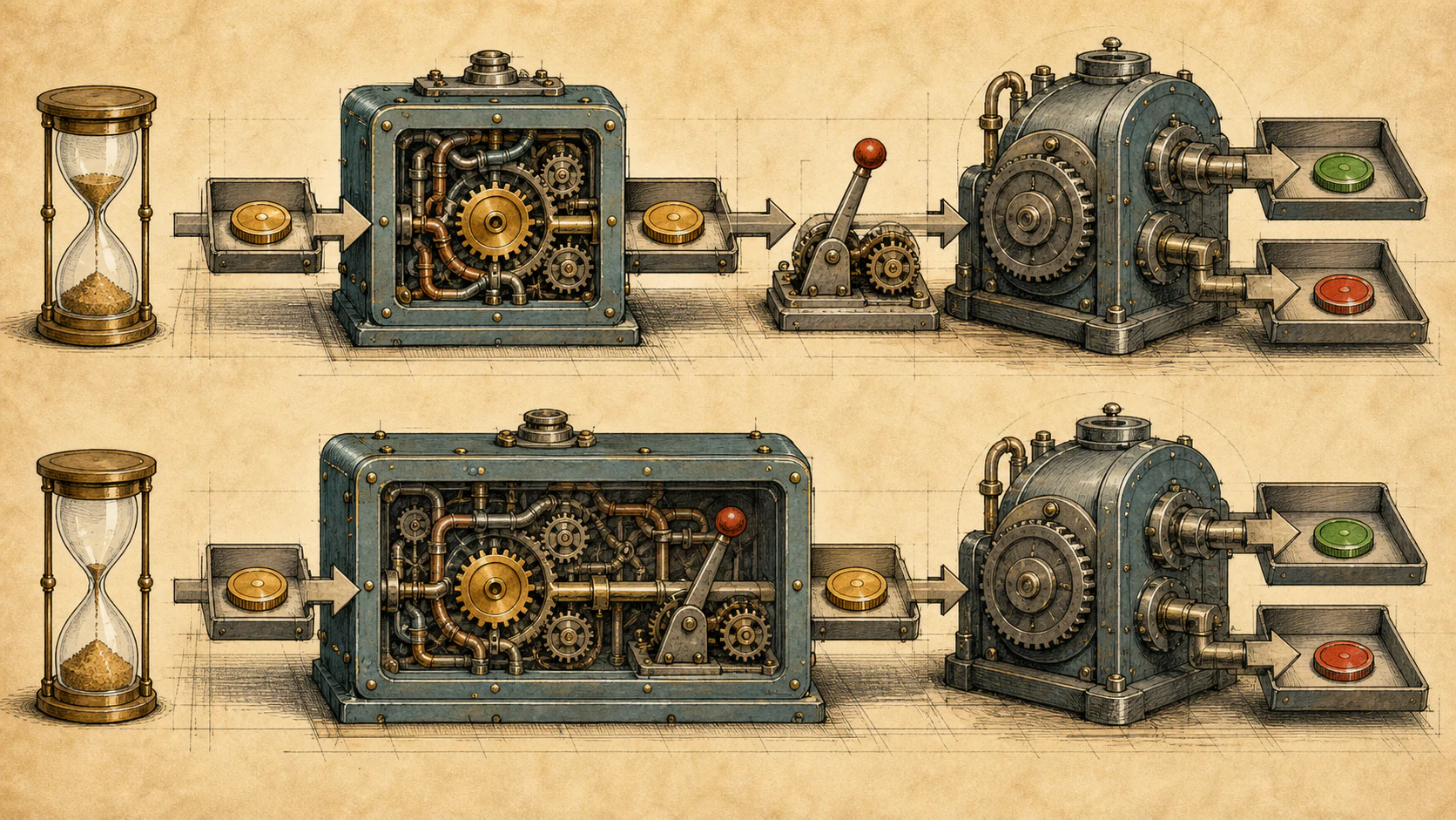 A two-row warm-paper mechanical flow shows an upper enclosure around a small central gearbox while a red-handled decision lever remains outside, and a lower wider enclosure around both the gears and lever. Each row begins beside an hourglass and reaches the same green and red output trays.