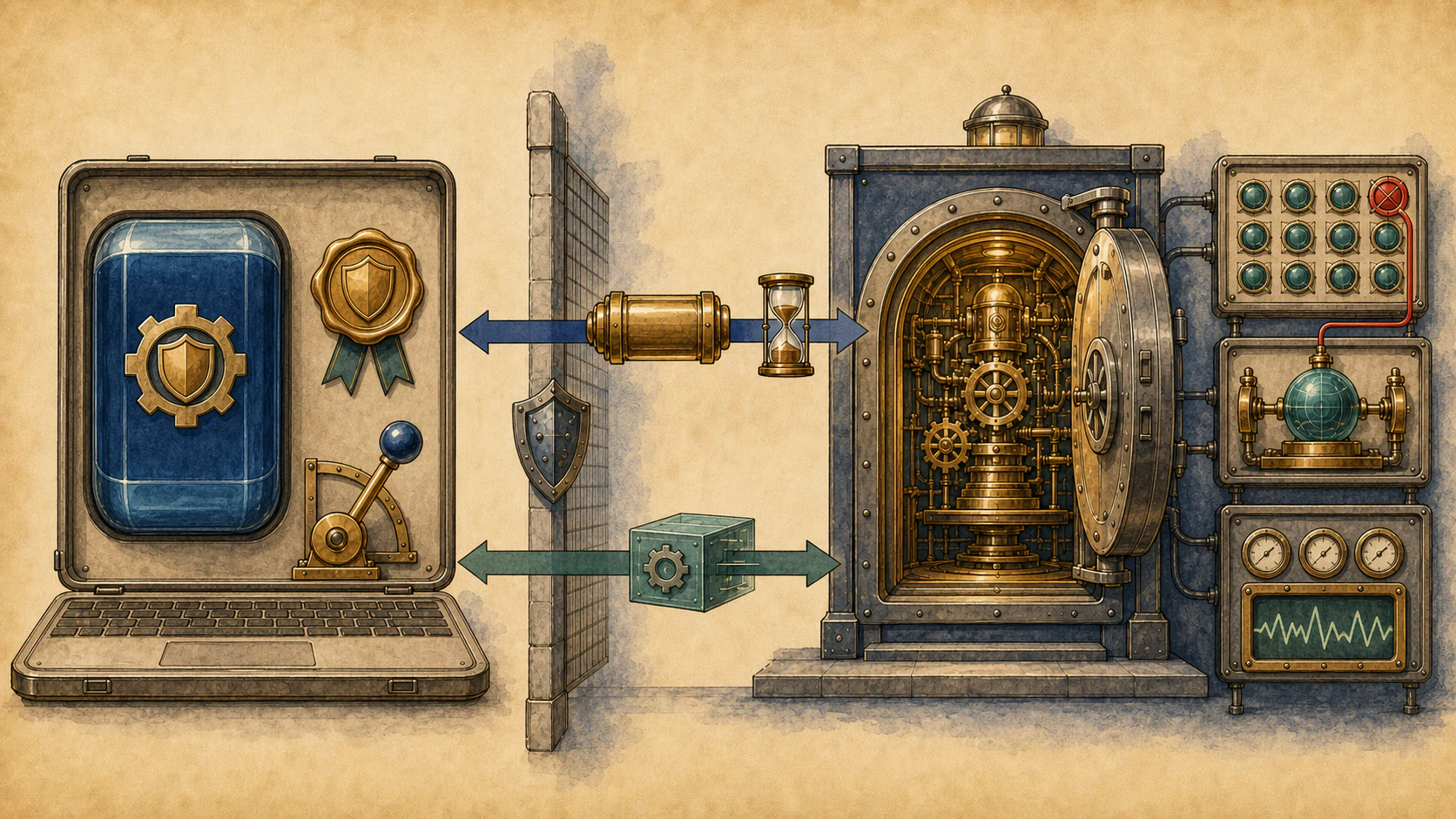 A warm-paper architecture illustration shows a laptop, gear shield, and local lever on the left; a protective wall, bidirectional arrows, capsule, hourglass, and token blocks in the center; and a blue vault holding core machinery on the right, connected to a revocation matrix, device-binding globe, gauges, and waveform monitoring.