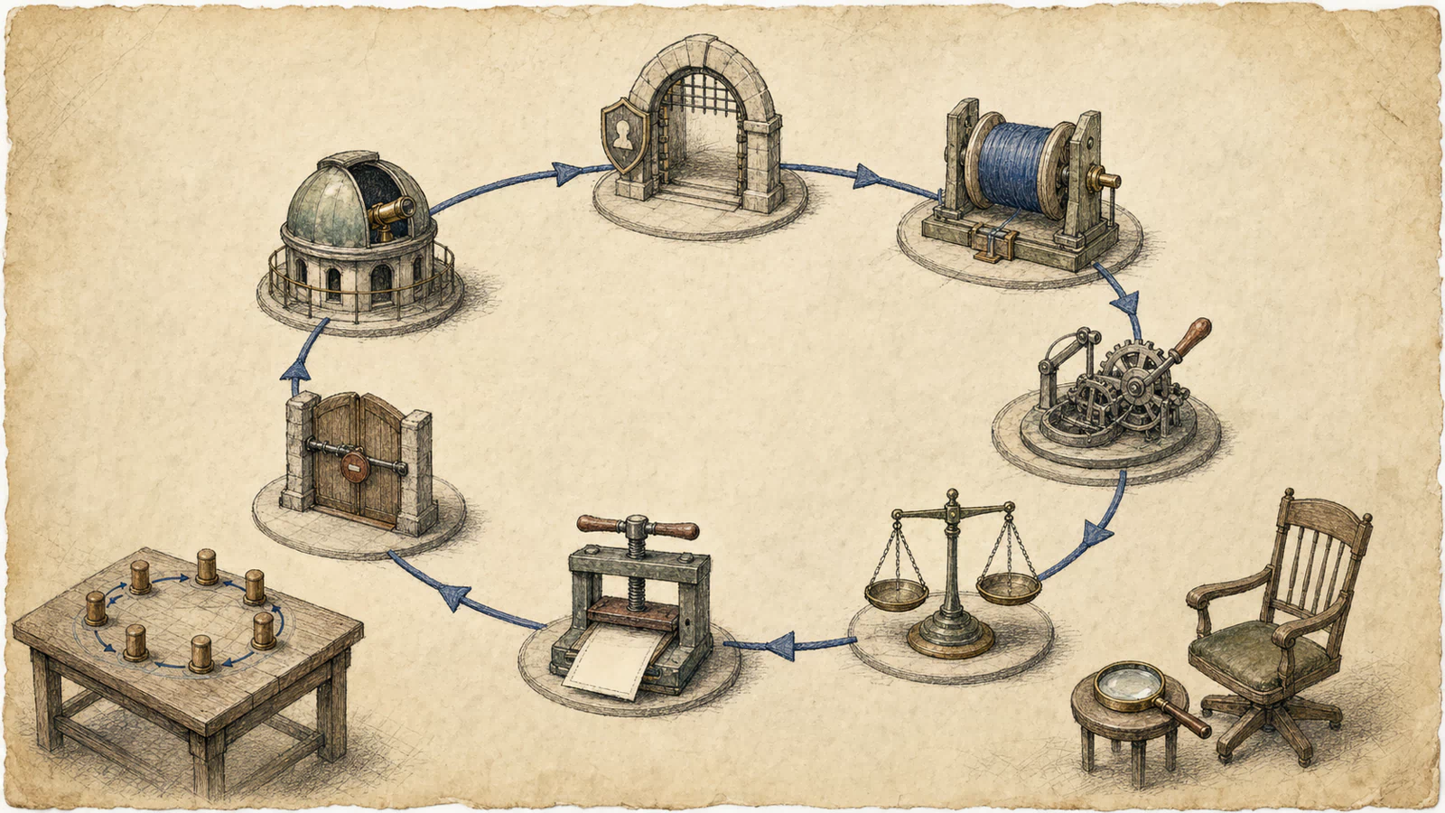 A hand-drawn clockwise loop connects identity preflight, exact authorization, trade, state check, zeroing receipt, pause gate, and monitored restart beside a test bench and independent review chair.