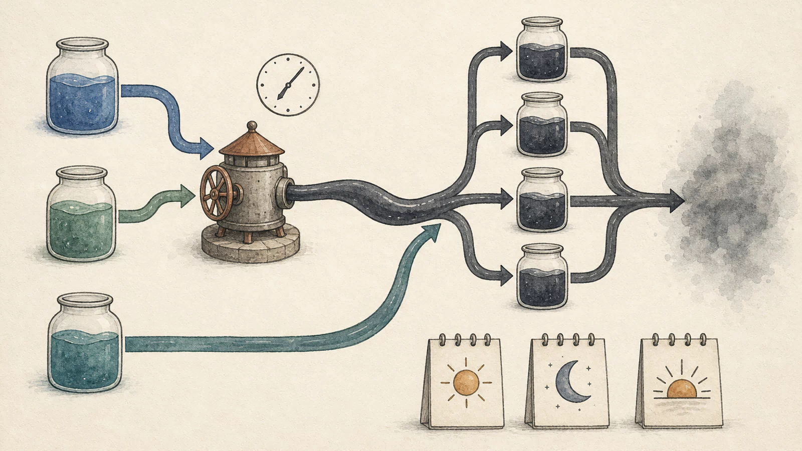 Two stablecoin vessels enter an exchange mill and emerge as ETH, existing WETH joins by a side path, and the proceeds disperse across wallets before fading into mixing fog.