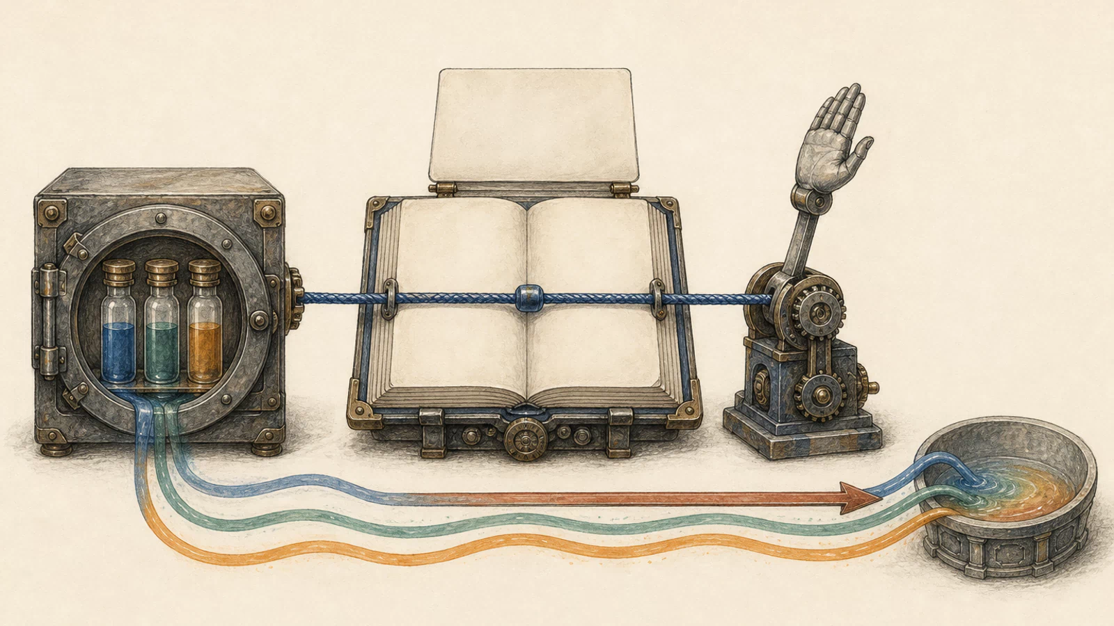 A hand-drawn owner vault, real-token ledger, and spender mechanism remain connected by a durable permission cord after the trade card closes, enabling a later pull from three asset vessels.