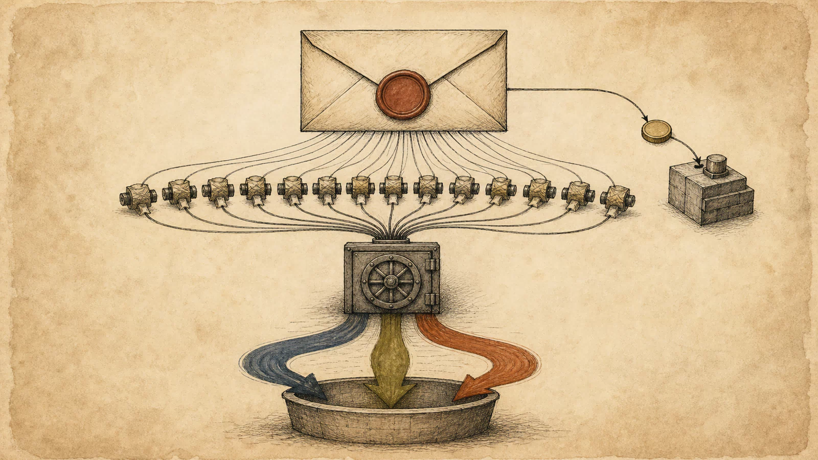 One hand-drawn sealed transaction passes through many wrapper mechanisms into an affected vault, sending three colored real-asset streams to one collection basin beside a neutral small builder transfer.