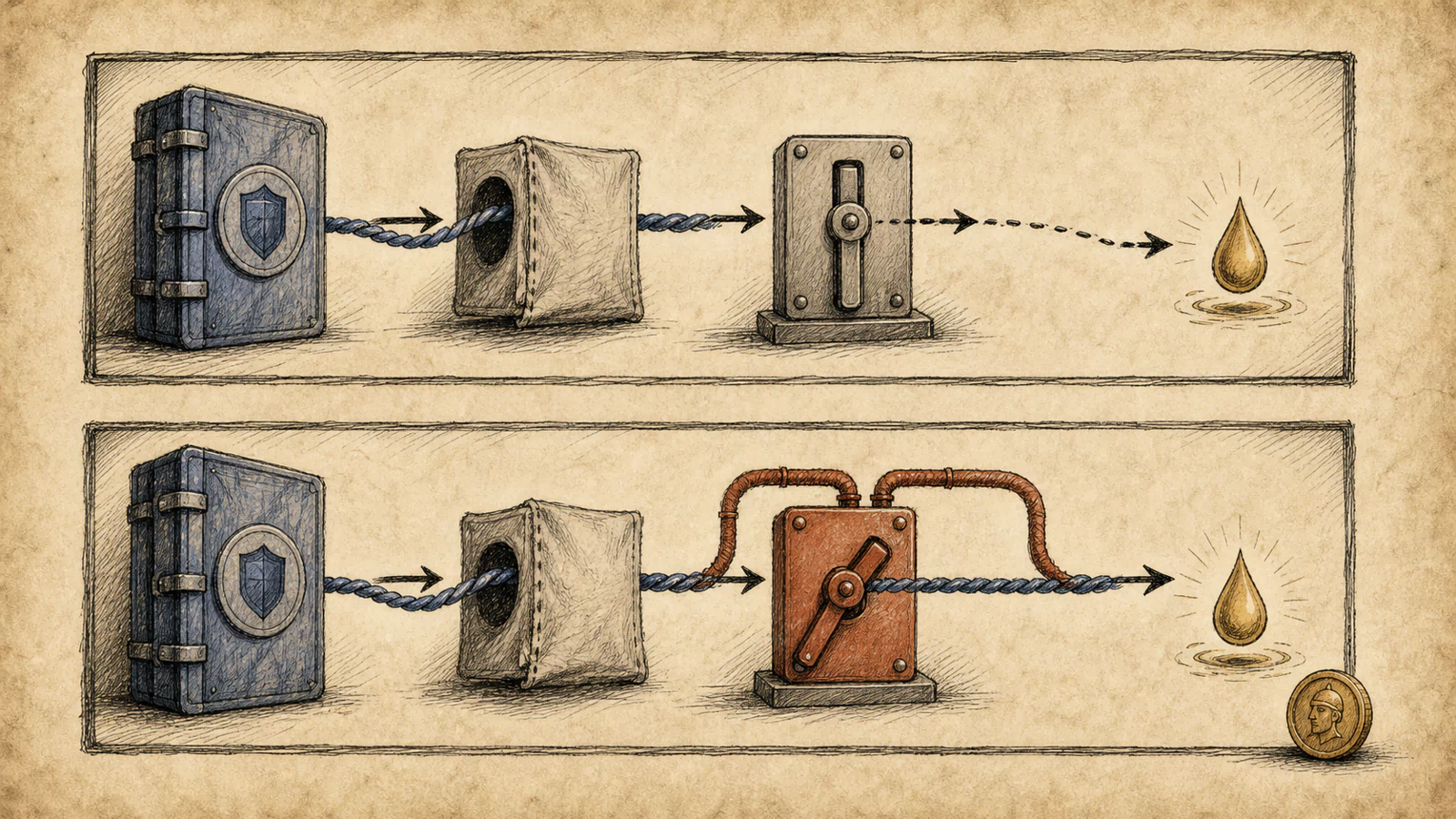 Two hand-drawn block windows compare an inactive switch that consumes permission with an active switch that bypasses the pull while returning the same small profit.