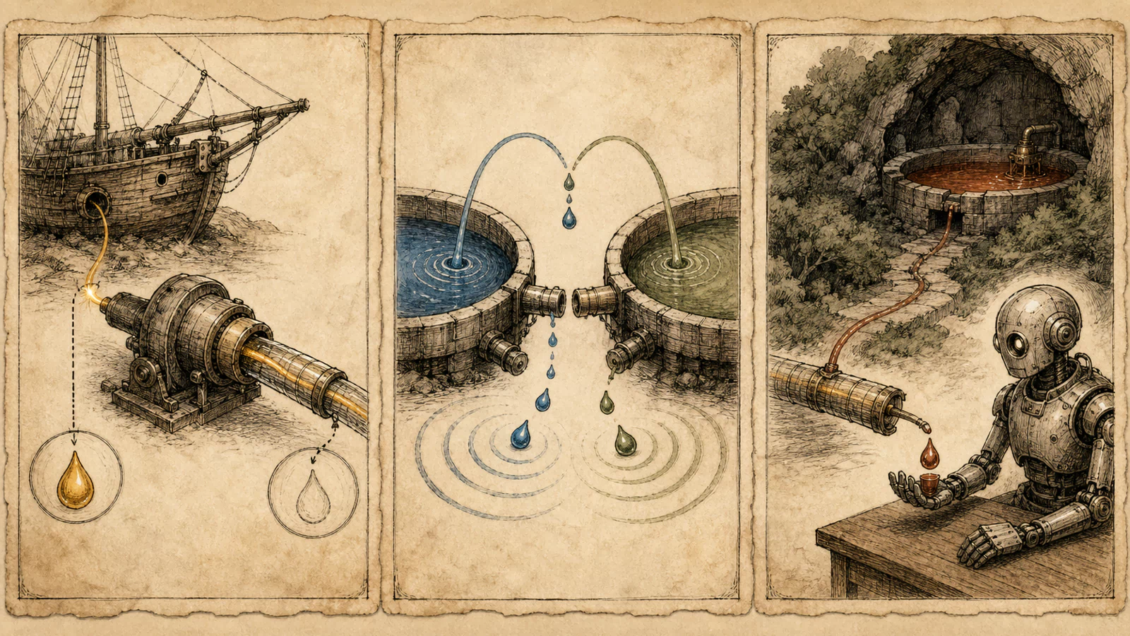 Three hand-drawn panels show an approval being pulled and consumed, pool basins emitting event ripples, and a small real-token return supplied by a hidden attacker reservoir.