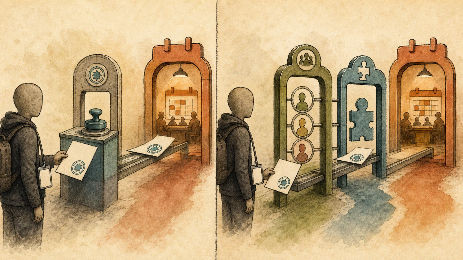 A split hand-drawn process shows a session-token stamp leading directly to calendar submission on the left, while audience and submit-view gates precede the calendar action on the right.