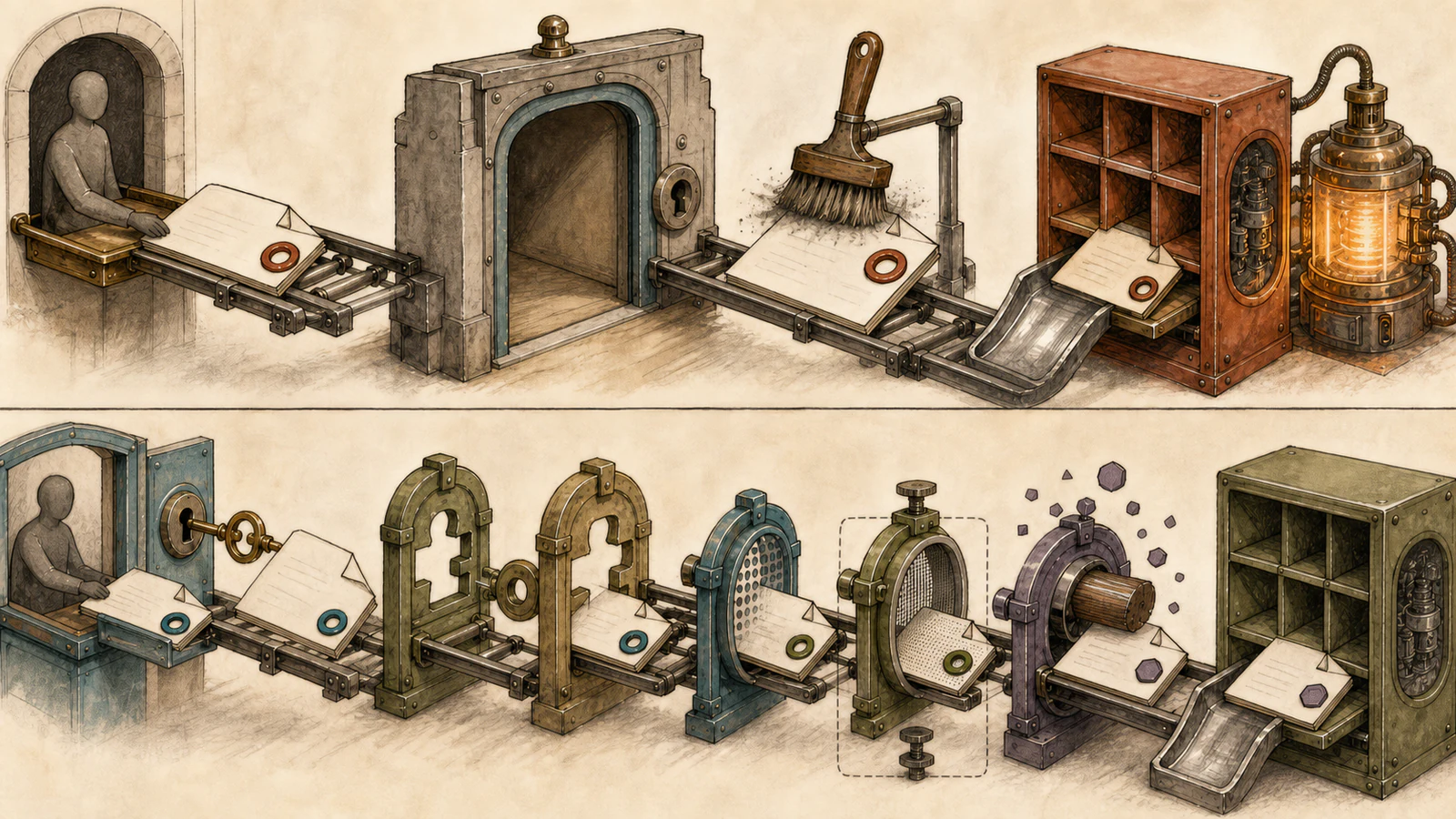 Two hand-drawn form-upload rails contrast an open gate, filename brush and active public cabinet above with a session key, field-policy gates, content screen, random-name press and inert cabinet below.