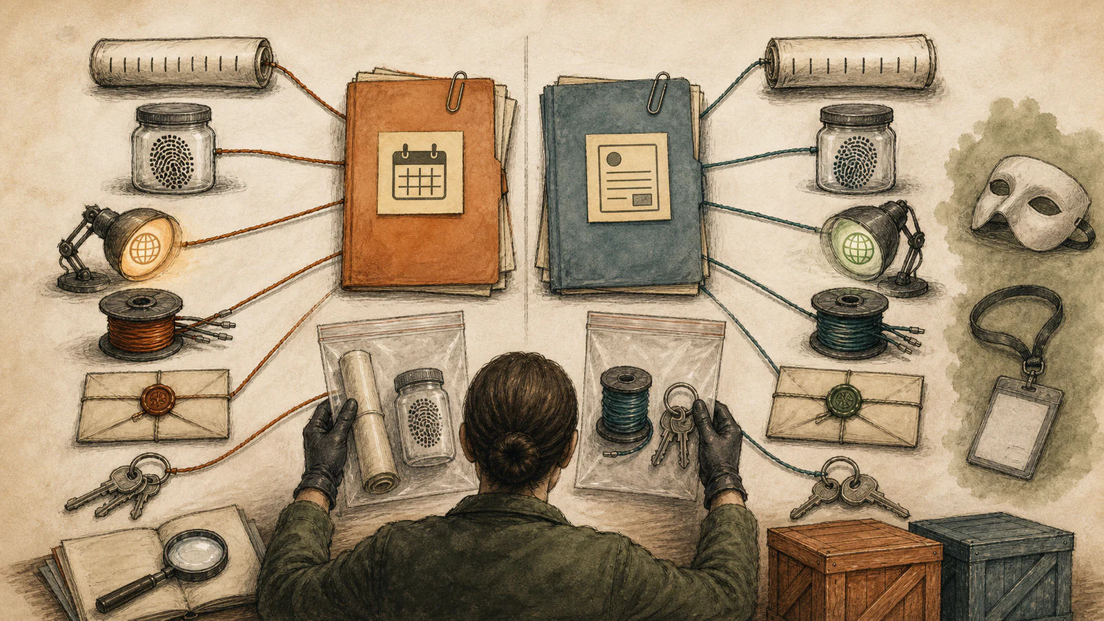 A hand-drawn investigator compares separate calendar and form case folders linked to log rolls, fingerprints, request lamps, sealed evidence, keys and hosting records.