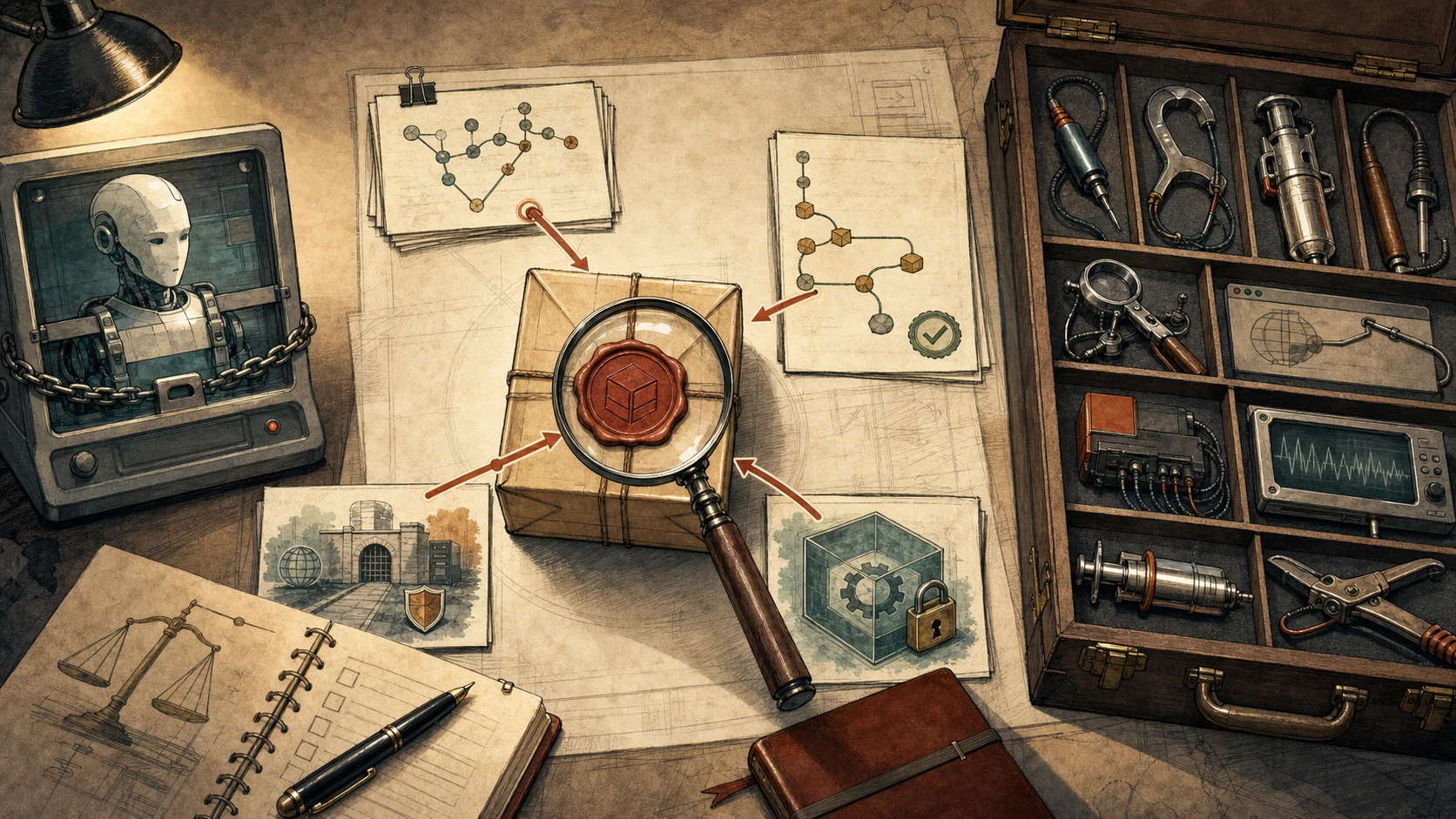A warm hand-drawn forensic workbench places a sealed software package under a magnifying glass between a restrained AI terminal, source and dependency evidence, guarded network and process boundaries, and a cabinet of powerful security instruments.