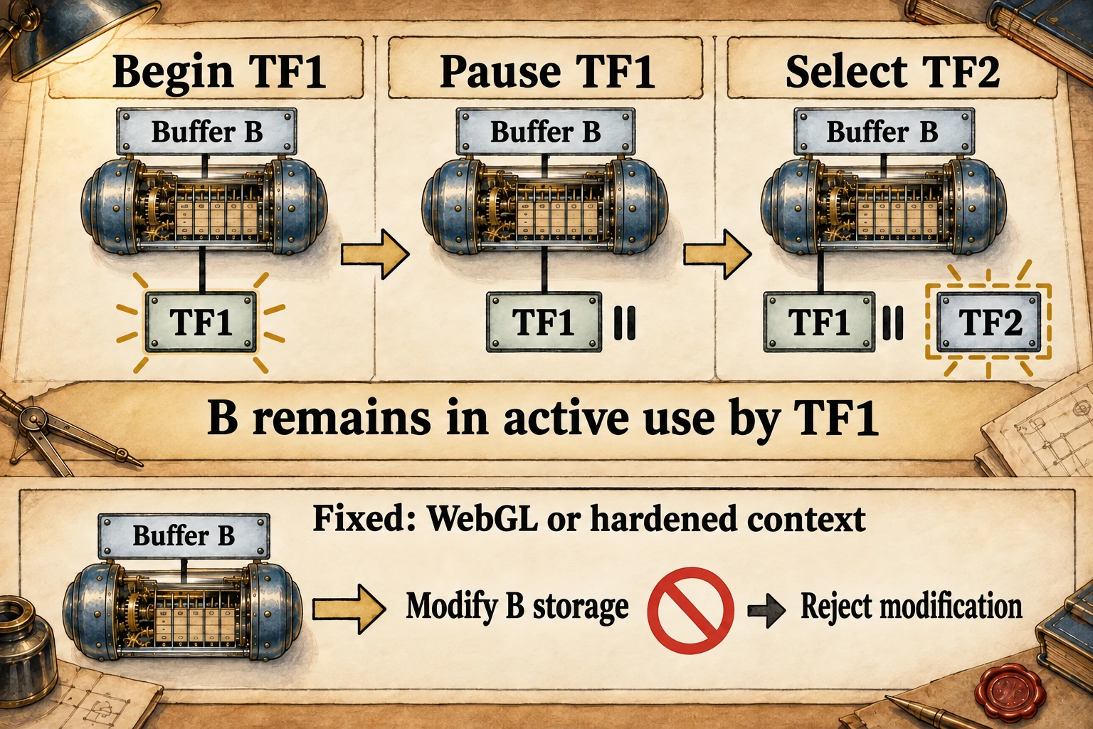 State changes: TF1 stays connected to buffer B through begin, pause and selection of TF2; fixed WebGL or hardened contexts reject modification of B while that active use remains